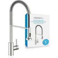 Bächlein Küchenarmatur 360 Grad schwenkbar Farbe gebürsteter Edelstahl – Einhand-Spültischbatterie aus Edelstahl mit flexiblem Hals und Brause mit Umschalt-Taste, Wasserhahn für die Küche