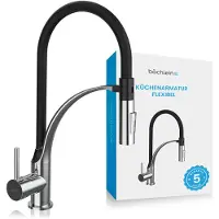Bächlein Küchenarmatur 360 Grad schwenkbar (gebürsteter Edelstahl) – Einhand-Spültischbatterie mit flexiblem Hals und Brause mit Umschalt-Taste, Küchen-Wasserhahn mit magnetischer Halterung