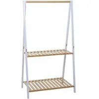 Mendler Bambus Standgarderobe HWC-Q32, Garderobenständer Kleiderständer Schuhregal, Stange 2 Ablagen 130x70x44cm ~ natur-weiß