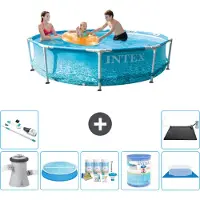 Intex Rundrahmen-Schwimmbecken – 305 x 76 cm – Wasserdruck – inklusive Pumpe Sonnensegel - Wartungspaket - Filter - Bodenplane - Staubsauger - Solarmatte