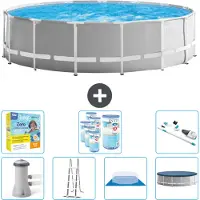 Intex Round Prism Frame Swimming Pool – 457 x 122 cm – Grau – inklusive Pumpe – Leiter – Bodenplane – Abdeckung Wartungspaket - Filter - Staubsauger