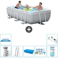 Intex Rechteckiges Prisma-Rahmen-Schwimmbecken – 300 x 175 x 80 cm – Grau – inklusive Pumpe – Leiter Sonnensegel - Wartungspaket - Filter - Bodenplane - Staubsauger