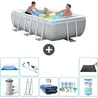 Intex Rechteckiges Prisma-Rahmen-Schwimmbecken – 300 x 175 x 80 cm – Grau – inklusive Pumpe – Leiter Sonnensegel - Wartungspaket - Filter - Bodenplane - Staubsauger - Solarmatte