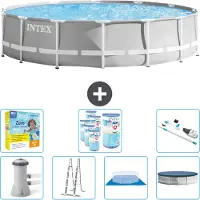 Intex Round Prism Frame Swimming Pool – 427 x 107 cm – Grau – inklusive Pumpe – Leiter – Bodenplane – Abdeckung Wartungspaket - Filter - Staubsauger