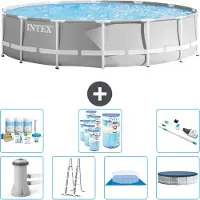 Intex Round Prism Frame Swimming Pool – 427 x 107 cm – Grau – inklusive Pumpe – Leiter – Bodenplane – Abdeckung Wartungspaket - Filter - Staubsauger