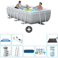 Intex Rechteckiges Prisma-Rahmen-Schwimmbecken – 300 x 175 x 80 cm – Grau – inklusive Pumpe – Leiter Abdeckung - Wartungspaket - Filter - Bodenplane - Staubsauger - Solarmatte