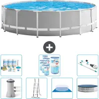 Intex Round Prism Frame Swimming Pool – 457 x 122 cm – Grau – inklusive Pumpe – Leiter – Bodenplane – Abdeckung Wartungspaket - Filter - Staubsauger