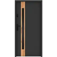Vente-unique Eingangstür aus massivem Stahl und Edelstahl H207 x B100 cm - Rauchglas - Anthrazit und Eichenholzoptik - Stärke 55 mm - Drücken rechts - BRAGA