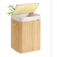 Helloshop26 Wäschekorb - - 95L - Bambusdeckel - Abnehmbarer Sack - Faltbare Griffe