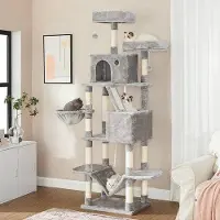 OEM Kletterturm für Katzen, 206 cm groß, 13 Krabben, 2 Sitzplätze, 2 Höhlen, Sitzgelegenheit, Hängematte, Dekoration, Lichtgrijs