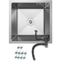 ANW Home Unterbauspüle 44x44 cm Edelstahl 304 Nano Silber, Küchenspüle 1 Becken, 22 cm tief, handgefertigt, mit Siphon