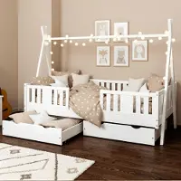 Meble Wróbel Kinderbett Tipi 90x200 cm - Hausbett aus Kiefer mit 2 Schubladen - Bett mit Rausfallschutz & Lattenrost - für Jungen und Mädchen - Weiß Spielbett für Kinder