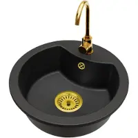 Brado Granit Küchenspüle rund 1 Becken MILA Set mit Armatur BETA Gold und goldenem Siphon Einbauspüle Komplettset