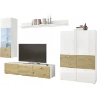 HBZ-Meble Wohnwand SARI Anbauwand m. Beleuchtung in Weiß HG / Artisan Eiche ca. 310 x 195 x 40 cm