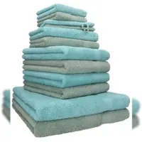 Betz 12-tlg. Handtuch-Set PREMIUM 100% Baumwolle 2 Duschtücher 4 Handtücher 2 Gästetücher 2 Seiftücher 2 Waschhandschuhe heugrün/ocean