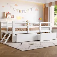 Flieks Kinder Hochbett 90x200cm mit 2 Schubladen, Kinderbett Etagenbett mit Leiter und Rausfallschutz, Einzelbett Holzbett, Weiß