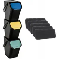 Practic Set mit 3 schwarzen BINI-Abfalltrennbehältern (25 l) mit schwarzem Deckel und farbiger Klappe (blau/grün/gelb) + 5 Stück Aktivkohlefilter