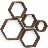 IvoQ Hexagon Wandregale 5er Set - FSC Holz - Rustikales Braun - Schwebende Wanddekoration