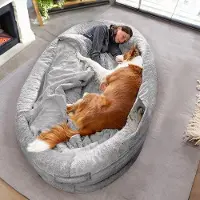 OEM Großes Hundebett für Erwachsene | Komfortables Hundebett für Menschen und Haustiere | Mit Decke und abnehmbarem Bezug | Lichtgrau