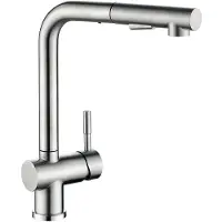 OEM Drehbarer, zweistufiger Wasserhahn mit Dusche, 360-Grad-Drehbarkeit, L-förmige Konstruktion, einhandig betätigter Edelstahl-Mixer mit zwei Strahlpositionen