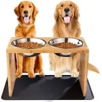 OEM Holzbett für Hunde mit 2 Edelstahl-Futterbehältern und einem Grip-Matte für Hunde - 435 x 23 x 30 cm