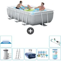 Intex Rechteckiges Prisma-Rahmen-Schwimmbecken – 300 x 175 x 80 cm – Grau – inklusive Pumpe – Leiter Sonnensegel - Wartungspaket - Filter - Bodenplane - Staubsauger