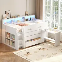 OKWISH Kinderbett 90×200 mit Matratze und Schubladen, Einzelbett mit LED-Lichtleiste und USB, Hochbett mit Schreibtisch, Funktionsbett in Weiß