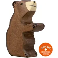 Holztiger Braunbär aus Holz - klein, sitzend