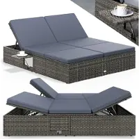 Casaria Sonnenliege 2 Personen mit Klapptisch 7cm Auflagen Wetterfest Gartenliege 220kg Belastbar Gartenmöbel Liegestuhl Verstellbar Grau Anthrazit 200x160cm