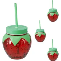 Mojawo 4er Trinkglas Wasserglas Saftglas Strohhalm Deckel Erdbeere 480ml