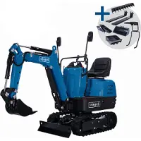Scheppach Benzin Mini-Bagger EXC815 XXL Set - inklusive Haltekralle, Baggerdaumen, Böschungslöffel, Baggerrechen, Palettengabel und Baggerdach