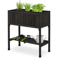OEM Gartenkiste auf Rollen mit Folie und Aufbewahrungsraum - 80 x 74 x 38 cm - Schwarz aus Eichenholz für Garten, Balkon und Terrasse