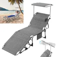 XINZI Sonnenliege mit Dach, Liegestuhl Garten mit Kopfkissen & Tragegriffe & Seitentasche, bis zu 100 kg belastbar, 194X68cm Relaxliege, Flachs Grau