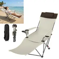 TRMLBE Faltbarer Campingstuhl mit Tragetasche und Seitentasche, Ergonomischer Campingstuhl stabil & rutschfest für Terrasse Angeln Ausflug, Creme