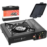 EVOCAMP Gaskocher 1-flammig mit Grillplatte BBQ inkl. Tragekoffer für 227g Gaskartuschen – Ideal für Kochen unterwegs