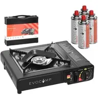 EVOCAMP Gaskocher 1-flammig mit 4 Gaskartuschen 227g und Transportkoffer – Ideal für Kochen unterwegs