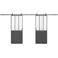 Vente-unique Industrielle Doppelschiebetür mit Laufschiene - Schwarz und gehärtetes Glas - 2 x H 205 x B 63 cm - ARTISTO II
