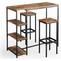 Vicco Bartisch-Set Fyrk Antikholz 120 x 50 cm mit Regalen und 2 Barhockern, Model 34147