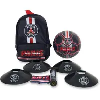 Paris Saint Germain PSG Kinder Fußball Fanartikel Set mit Rucksack (40x25cm), Ball (Größe 5), 4 Mützen, Pumpe, Kapitänsbinde