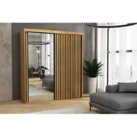 Wohnideebilder Schiebetürenschrank LAMIRO mit Lamellen und Spiegel B 110 cm T 60 cm H 205 cm Kleiderschrank Farbe Eiche Wotan