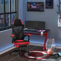 SUGIFT Ergonomischer Bürostuhl, Gaming Stuhl, Drehstuhl mit Fußstütze, PC Stuhl, Chefsessel, höhenverstellbar, Polyester, Schwarz+Rot,-122 cm, Schaumstoff