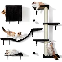 Markenlos Katzenkletterwand, 10-teiliges Wandelement aus stabilem Holz, Plüsch Katzenmöbel, Kratzbaum mit Katzenhaus, Brücke, Treppe, Kratzbrett, Katzenliege und Hängeball