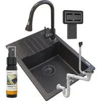 Granitan | Spülbecken Granit - Schwarz - 62x44x17,5 cm - ARGOS + Siphon Schwarz + Küchenarmatur SNAKE + Impregnat