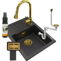 Granitan | Spülbecken Granit - Schwarz - 62x44x17,5 cm - ARGOS + Siphon Gold + Küchenarmatur SNAKE Gold + Impregnat