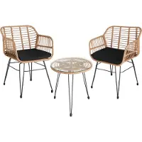 TecTake Rattan Sitzgruppe Molfetta 2+1 - UV Beständiges Polyrattan - Naturfarben - Wasserabweisend - Glasplatte abnehmbar