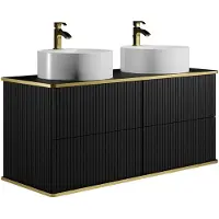 Vente-unique Waschbeckenunterschrank hängend mit rundem Doppelaufsatzwaschbecken - Streifenoptik - Goldfarbene Umrandung - Schwarz - 120 cm - KELIZA