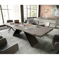 DELIFE Esstisch Edge 260x100 XL Akazie Platin V-Gestell Flachstahl Schwarz Live-Edge
