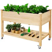 Goplus Hochbeet mit Rollen aus Holz, Gartenbeet mit Ablage & Abflusslöchern, Pflanzbeet Tragkraft 150 kg für Garten & Natur, 120 x 59 x 84 cm