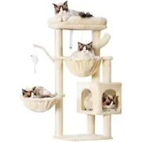 Markenlos Katzenbaum, 100 cm hoher Kletterturm mit großer Plattform, Höhle, 2 Hängematten, Katzenspielzeug, Katzenmöbel, Aktivitätskratzbaum, Beige