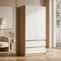 Happy Babies Kleiderschrank Novela, Sonoma/ Weiß 2-türig | Moderner Schlafzimmerschrank 90 x 180 x 50 cm | Garderobenschrank für Flur & Kinderzimmer, Geräumig